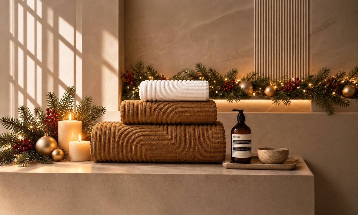 Abyss & Habidecor towels in a festive Christmas setting at The Towel Boutique.