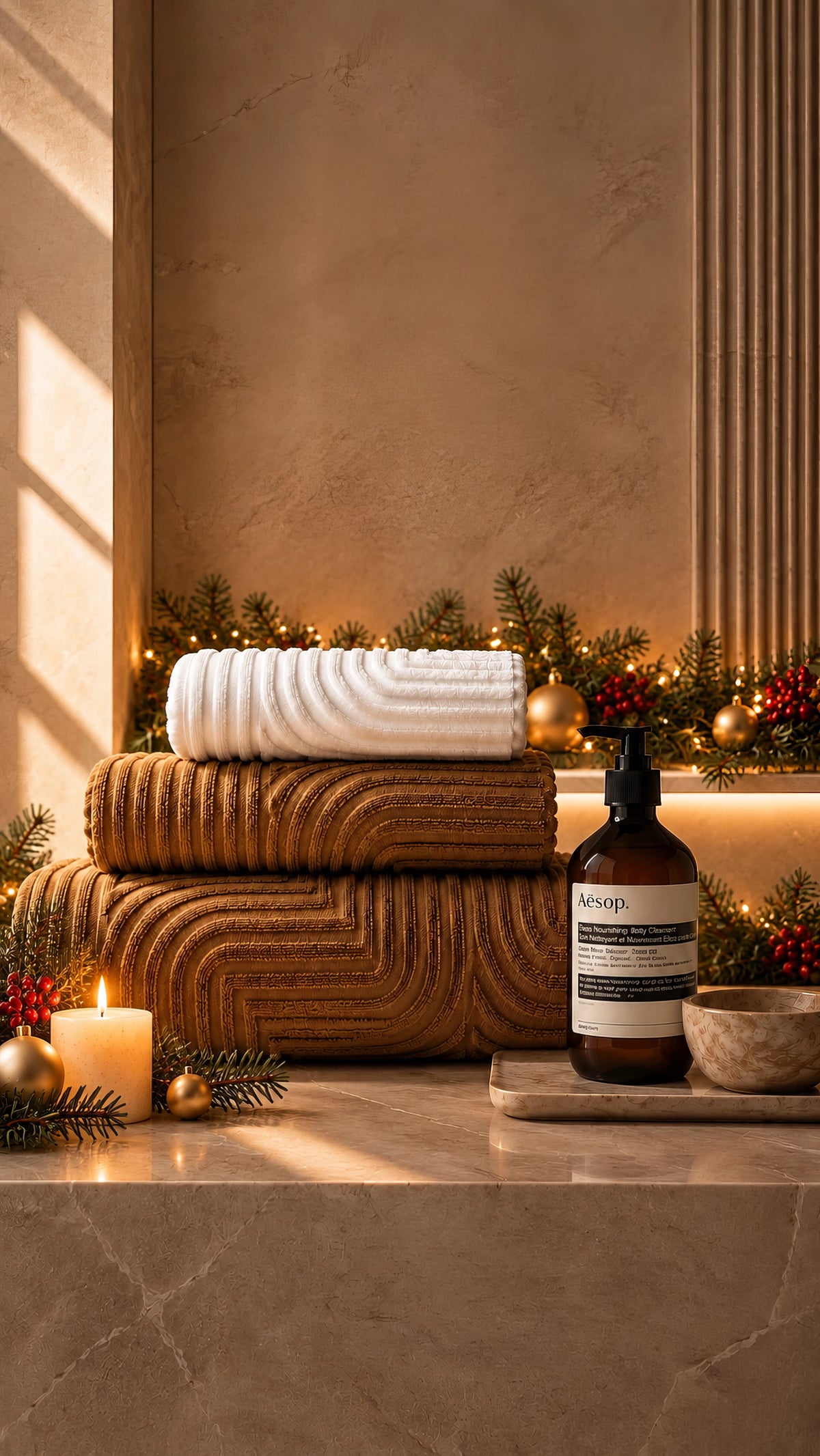 Abyss & Habidecor towels in a festive Christmas setting at The Towel Boutique.